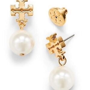 Tory Burch Gold Logo and White Pearl Drop Earrings
